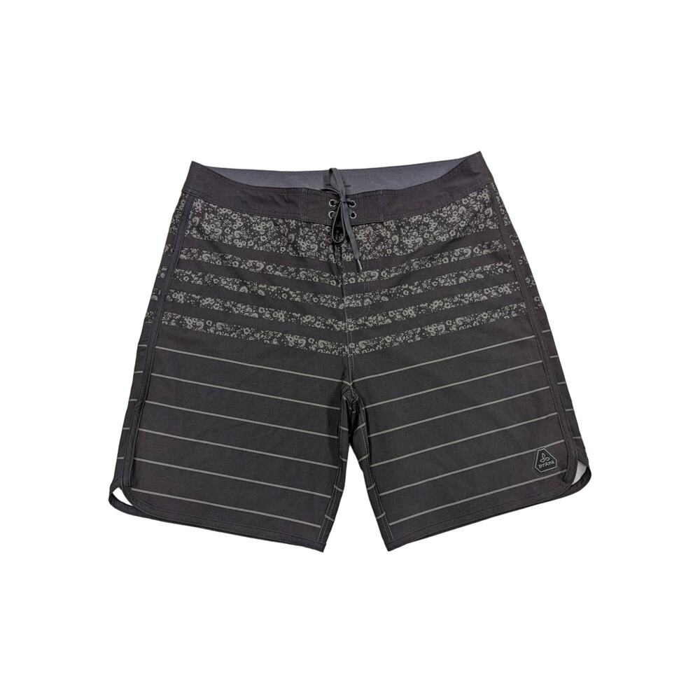 Prana Mens Striped Hawaiian Floral Board Shorts Swim Trunks‎ Size 38 Black Gray